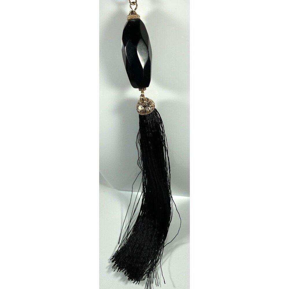 Black Tassel Earrings & Necklace Set Black Faceted Beads Gold Tone Flapper Boho - Picture 8 of 10